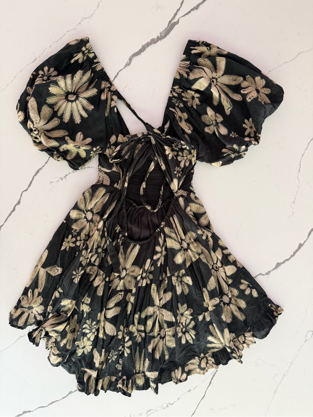Free People Perfect Day Printed Mini Dress M Black Multi Floral Open Back Boho - Picture 8 of 13